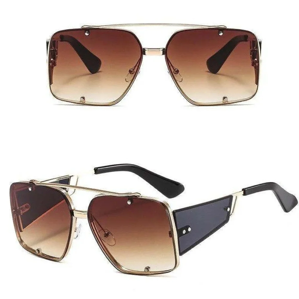 Flat Big‎ Lens Sunglasses Gold Metal Frame Men Shades Brown Lens Aviator UV400